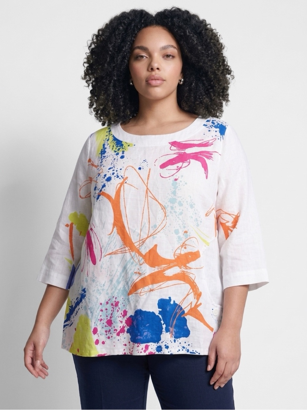 Ali Miles White Tunic with Orange, Blue, Pink and Lime Splash Print